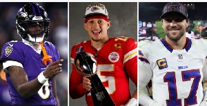 Quarterbacks Lamar Jackson, Patrick Mahomes and Josh Allen (left to right)