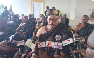 Nana Abor Atta II, Chief of Gomoa Fetteh, addressing the press