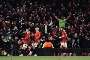 Antony Celebrating Manchester United's winning goal vs FC Barcelona at Old Trafford