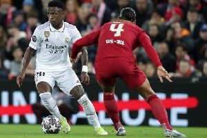 Vinicius junior vs Virgil van Dijk during Real Madrid and Liverpool UCL clash