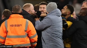 Matheus Cunha (right) appeared to knock the glasses off a member of Ipswich Town's security team