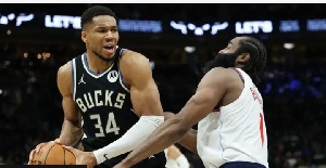 Giannis Antetokounmpo (left) also took eight rebounds against the Los Angeles Clippers
