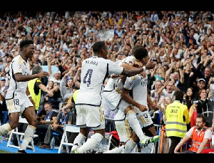 Real Madrid players celebrate after securing a massive win against Barcelona at Santiago Bernabeu