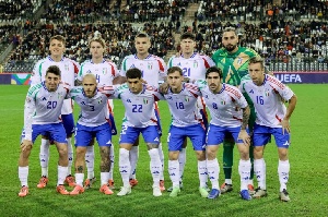 Players of Italy pose for a family picture ahead of the UEFA Nations League soccer match