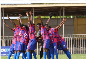 Legon Cities celebrate after securing a win against Berekum Chelsea
