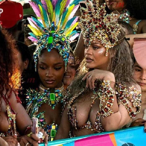 Starr and Rihanna wore embellished bodysuits with feathery headpieces