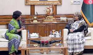 Shirley Ayorkor Botchwey (left), Prime Minister Sheikh Hasina (left)